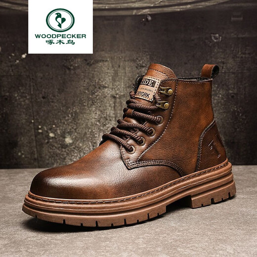 Woodpecker Spring and Summer Nouveaux chaussures de travail Mid-Top Boots Chaussures masculines Chaussures en cuir décontractées imperméables Chaussures de travail pour hommes 999 Brown Single [Picture principale] 39