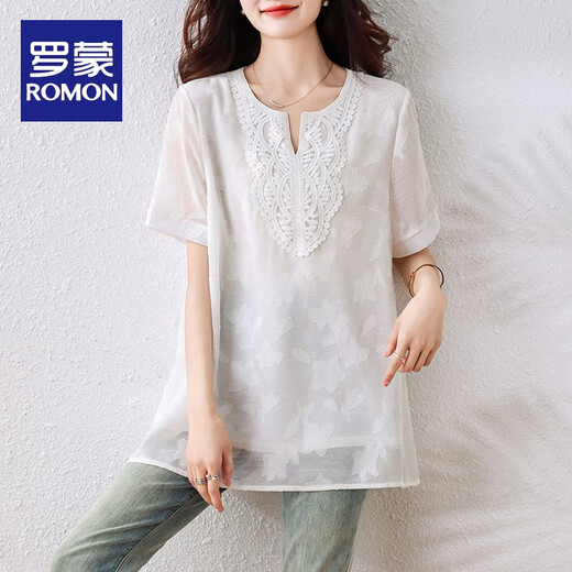 Romon (Romon) 2025 Sommer Neues cooles und atmungsaktives Chiffon-Hemd für Frauen im Sommer Frauen loser Jacquard Lace Spleißen T-Shirt Bildfarbe [Folgen Sie dem Geschäft und geben Sie dem Versand Priorität] L empfohlen 90-110jin [Jin gleich 0,5 kg]