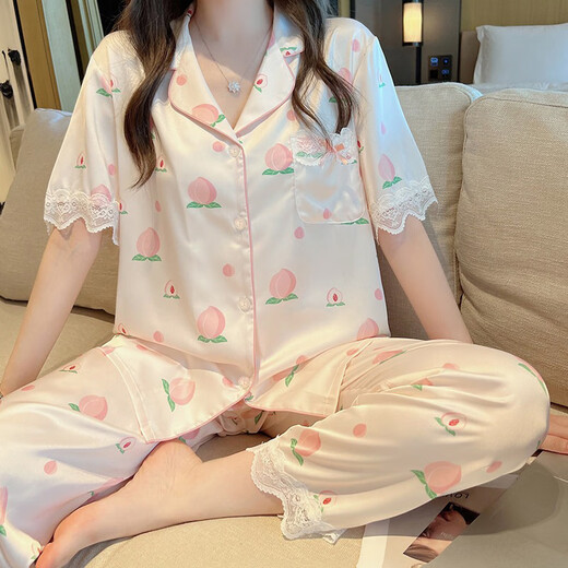 
Peach Lace Pajamas for women summer ice silky silky internet celebrity short-sleeved trousers sweet home suit set YFY9905# [Short-sleeved trousers] M [Suggested 80-100Jin [Jin equals 0.5 kg]]