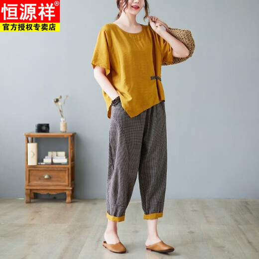 恒源祥时尚棉麻阔腿裤套装女2025夏季新中式盘扣不规则洋气上衣两件套女 黑衣小格裤 M (90-120斤)
