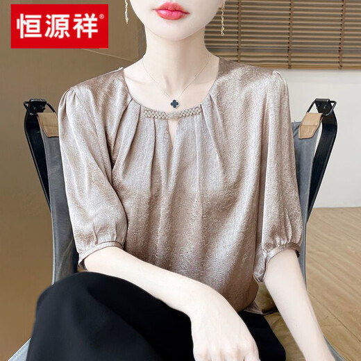 Hengyuanxiang Cabinet Cut Mark Mulberry Silk Short Sleeve Satin Summer New Silk Shirt Top Loose Official Flagship White* Upgraded Fabric Not worth 100 XL 120-135