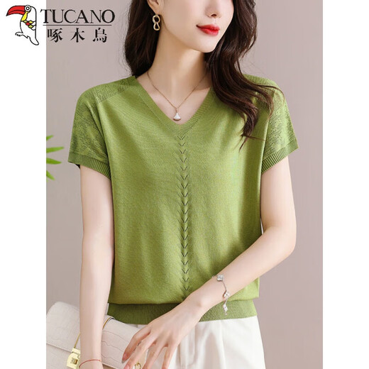 TUCANO; Woodpecker thin ice silk sweater for women 2025 new summer middle-aged mother summer short-sleeved T-shirt for women V-neck fashion shirt thin black thin S [suggested 85-100Jin [Jin equals 0.5 kg]]