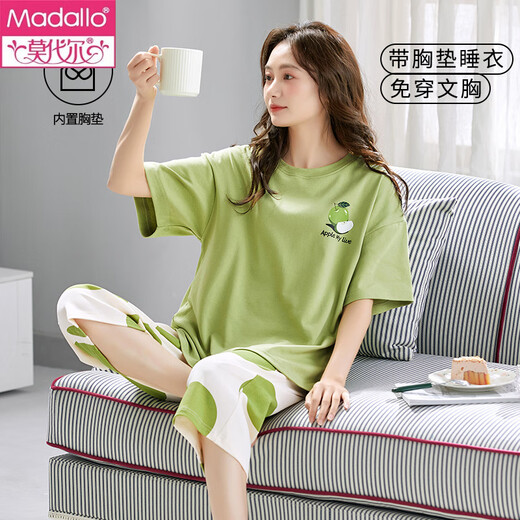 莫代尔睡衣女士带胸垫夏季薄款纯棉短袖七分裤套装甜美少女家居服可外穿 带胸垫679巴比熊短袖七分裤 M 75-95斤左右