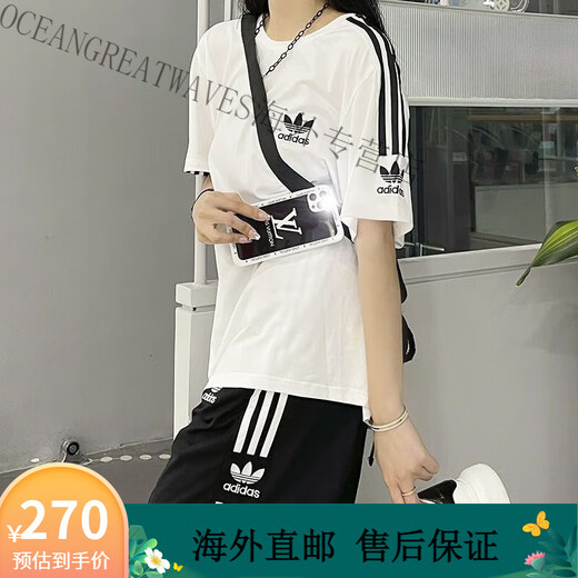 阿迪达斯（adidas）三叶草运动套装男女夏季新款宽松情侣棉短袖短裤一套女 9889黑色 M  80-100斤