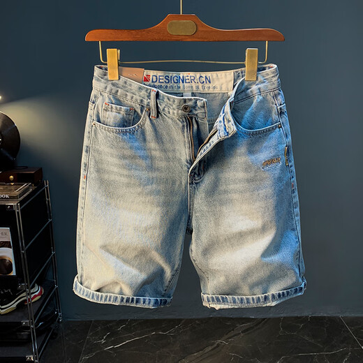 AEMAPE American Apple Summer Casual Shorts Men's Large Size Light Color Pure Cotton Five-Cubic Jeans Trendy Embroidery High-end Men's Blue [XY9922] 33 Suitable for weight 150-158Jin [Jin equals 0.5 kg]