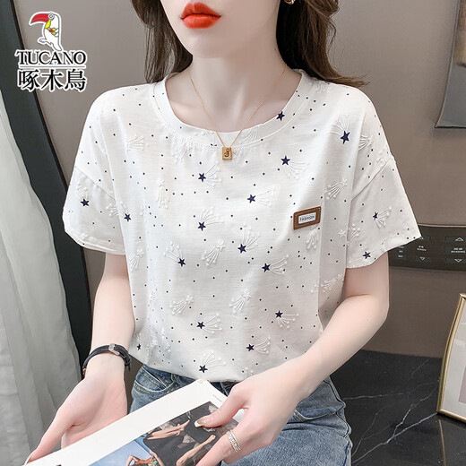 Woodpecker pure cotton loose printed T-shirt for women's trendy summer new versatile T-shirt top 1396# white S suitable for 80-99Jin [Jin equals 0.5 kg]