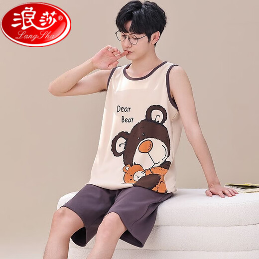 Langsha Vest Pyjamas Herren Sommer Baumwollhändler Anzug Fett große Kinder 12-13-15-jährige Teenager Sommer-Heimkleidung hellblau 1283 m Teenager Version (55-65jin [Jin ist gleich 0,5 kg])