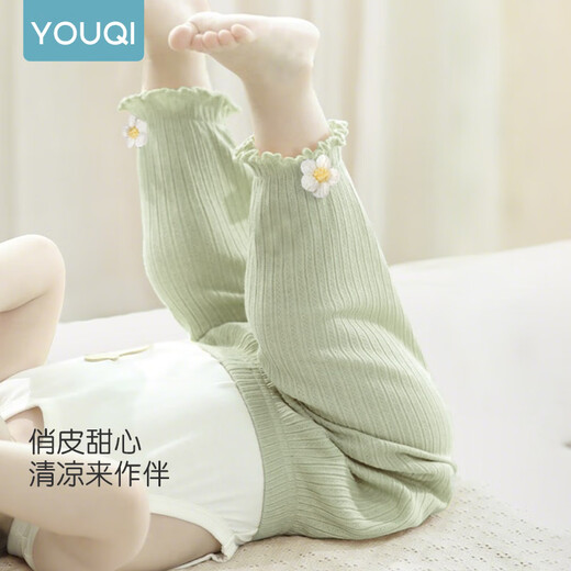 优奇女宝宝防蚊裤夏季薄款儿童休闲裤夏装甜美可爱花边裤女童裤子夏天 杏色 80