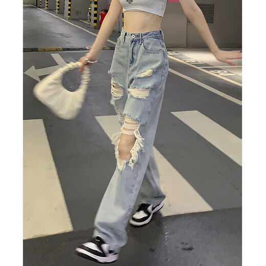 杭馨咚大码个性高街水洗破洞浅蓝色牛仔裤女高腰宽松显瘦阔腿裤拖地裤潮 1047 S 【建议80-95斤】