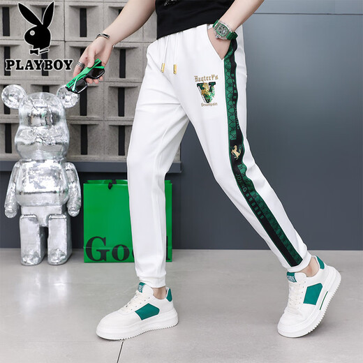 花花公子（PLAYBOY）刺绣休闲裤男夏季薄款潮牌修身冰丝束脚运动长裤男百搭速干小脚卫 9928白色 29