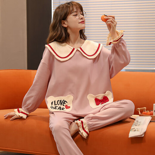 Unmarkierbar und ausgezeichnet L-Pyjamas für Frauen im Herbst und Winter Pure Cotton Niedliche langärmlige Prinzessinstil koreanische Version Set Student Cartoon Sommer Muji Muji Champagner Farbe GXT9922 M (Empfohlen 7595jin [Jin gleich 0,5 kg]))