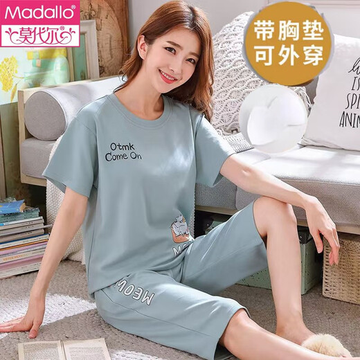 莫代尔睡衣女士带胸垫夏季薄款纯棉短袖七分裤套装甜美少女家居服可外穿 带胸垫679巴比熊短袖七分裤 M 75-95斤左右