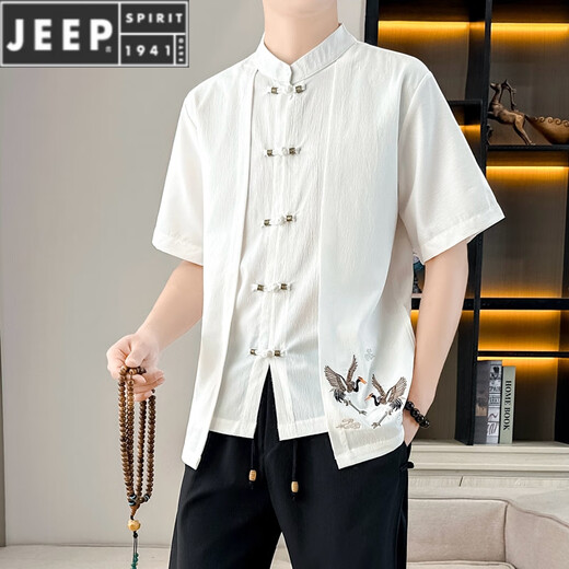 Jeep Spirit Chinese Style Kurzärärmelte T-Shirt-Anzug für Männer gefälschte zweiteilige nationale Trendschnalle bestickte Baumwollwäsche zweiteiler ein Set neuer chinesischer Stand-up-Halsband T 9887 Weiß [Top + Hose] Langarmed M 110jin [Jin gleich 0,5 kg]