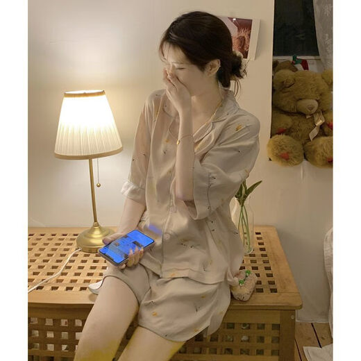Ttpmer-Pyjamas für Frauen im Sommertag Ice Seide 2025 Kurzärärmelte zweiteilige Set von Blumenkleidung im Internet-Promi-Stil können außerhalb von LW-9207 m getragen werden [empfohlen 80-100jin [Jin gleich 0,5 kg]]]