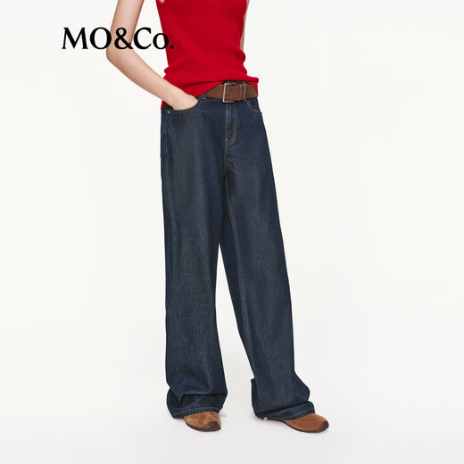 MO&Co.牛仔裤2025秋新品接触瞬间凉感抗菌中腰直筒黑色阔腿裤MBE3JEN037 牛仔蓝色 S /S