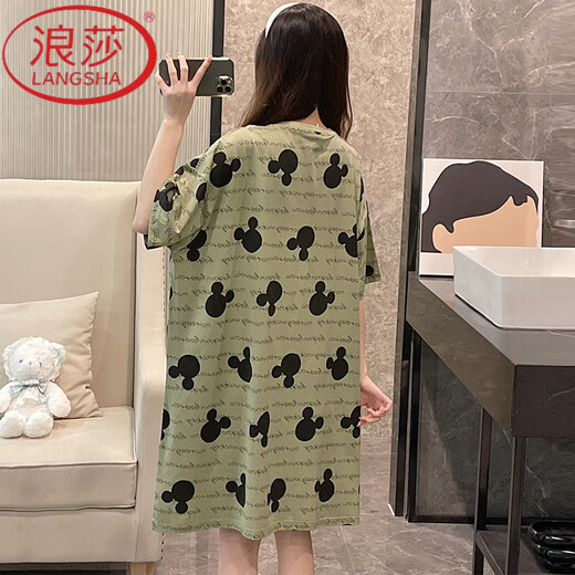 浪莎（LangSha）睡裙女夏季睡衣纯棉短袖大码胖mm200斤翠绿纯色春秋天凉感家居服 BF-1049-2-浅灰色 均码 (80-200斤)