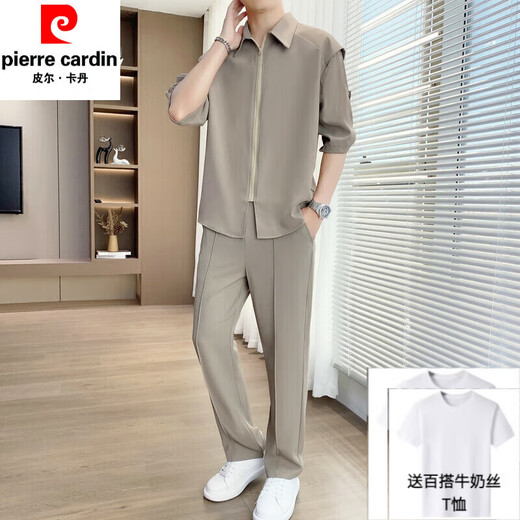 皮尔卡丹（pierre cardin）冰丝短袖衬衫套装男士夏季休闲轻熟穿搭高级感抗皱西裤男装一整套 727米白色【长袖】+赠送T恤 XL 【建议130-145斤】