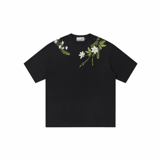 Jiaojing Hash et Cuel American Alphabet Plant Fleur Fleur ronde Coton Heavy Coton T-shirt à manches courtes pour hommes et femmes S1048 # Black M