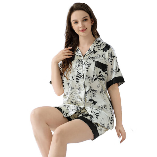 冰丝睡衣女夏季新款可爱猫咪夏天短袖短裤丝滑凉感家居服套装 套WLW9226 L【建议100-115斤】