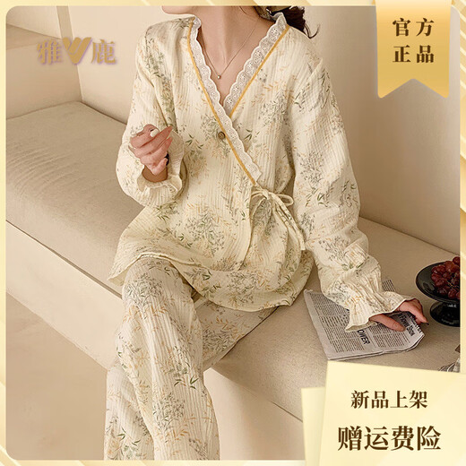 雅鹿正品母婴级纯棉夏季薄款月子服孕妇睡衣产后喂奶哺乳居家服套装 Q04-A1047(套装) M