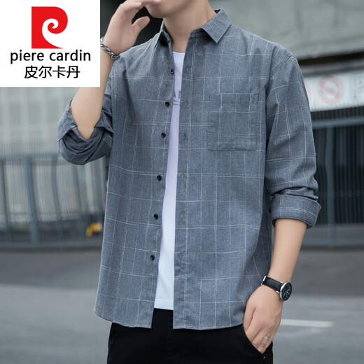 Pierre cardin knitted American plaid shirt jacket for men 2025 spring and autumn style trendy long sleeve men young people loose casual and versatile K12108 white M