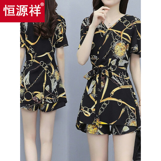 Hengyuanxiang Einzelstück/Anzug Sommer modische Kleidershorts Anzug Frauen Slim Casual Chiffon Shorts Zweiteiler griechischer Blumenstil [Rock + Hosen] m