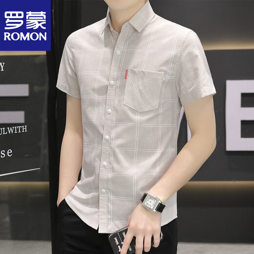 Romon 2025 Camisa de manga corta de verano Camisa de seda de hielo a cuadros a cuadros para hombres jóvenes de ropa formal