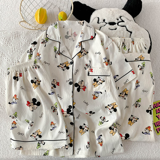 UKUHPK25 Sommer Frauen doppelte kurze Hosen dreiteiliger Pyjamas Cardigan Revers Creative Cartoon Cloud Cotton WZN-9901# Pink Border Mike M.