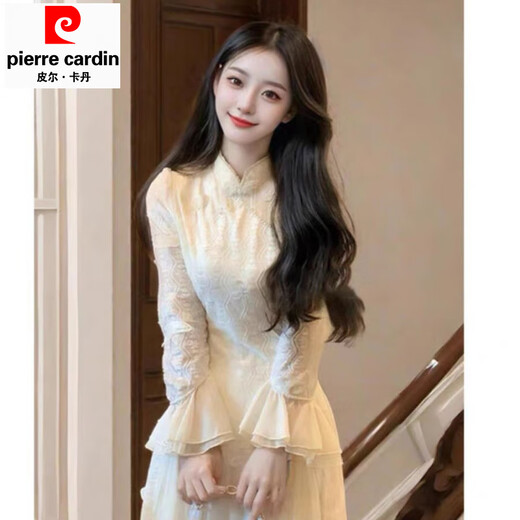 Pierre Cardin New Chinese Style Three-dimensional Butterfly Cheongsam Dress Women's Autumn and Winter New White Fairy High-end National Style Skirt Graphic Dress Standard Edition M Recommendation 95-105 Jin Jin equals 0.5 kg