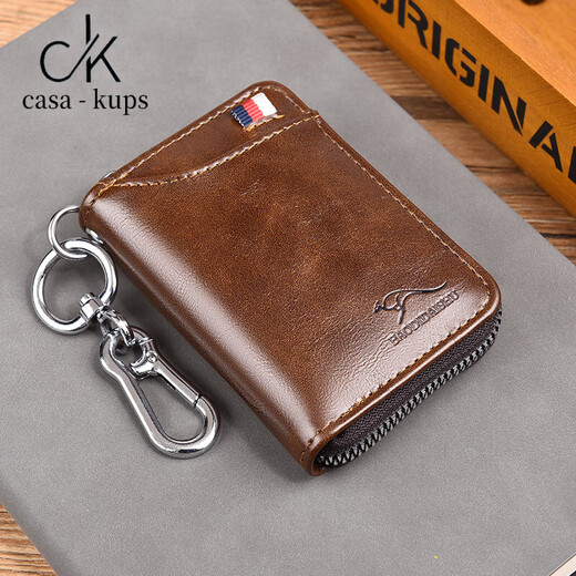 casa-kups genuine leather wallet men's multi-functional one-piece key bag short wallet anti-theft brush anti-demagnetization soft pickup bag red brown