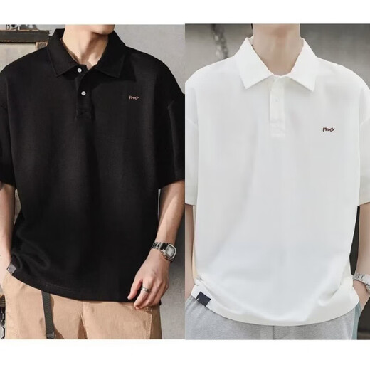 UKUHPK Japanisches Revers-Polo-Hemd kurzärmelig für Männer, vielseitiger, vielseitiger Baumwoll-T-Shirt, Sommer Lose-Hals-Top-Trend G691 Black + Grey M [Vorgeschlagen 90-110jin [Jin ist gleich 0,5 kg]]