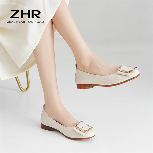 ZHR single shoes women's soft flat bottom light mouth bean women's shoes fairy style light lazy shoes one-step AH95F beige 38