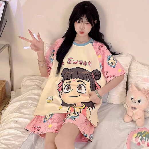 Junjunsui Dimei Kiti-Katzen-Pyjamas für Frauen im Sommer 2025 Neue Pure Cotton Short Sleeve Cartoon Student großer Sommer-Hausbekleidungsset Kurz-Z-9928 XL [Vorgeschlagen 120-140jin [Jin gleich 0,5 kg]]