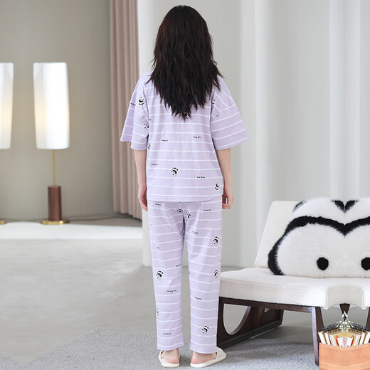 猫人100%纯棉睡衣女夏季短袖长裤休闲宽松女士家居服大码可外穿套装 684紫色 2XL 【建议140-160斤】