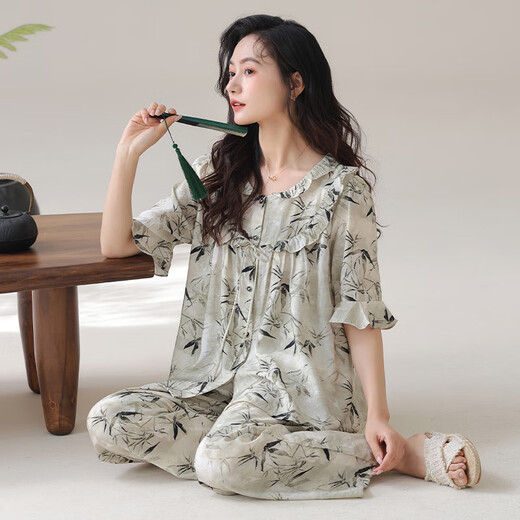 Modal Pyjamas für Frauen im Sommer, Tianshi Baumwolle kurzärmelige, geschnittene Hosen Strickjacke losen dünnen Tupfen lässiger, zufälliger Home-Kleidungsstück 1342 M 80-100jin [Jin gleich 0,5 kg]