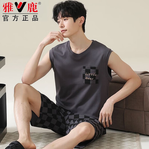雅鹿睡衣男士夏季纯棉新款背心短裤休闲运动家居服套装大码无袖夏天 OMM-13063 L (100-125斤)