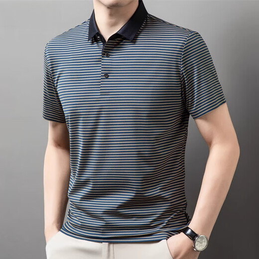 TOMMY JEANS men's lapel short-sleeved T-shirt summer striped young and middle-aged business casual POLO shirt ice silk breathable top Navy blue 13691 S 165