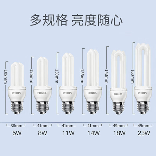 Philips (PHILIPS) 2U three-color energy-saving light bulb e27 large screw household energy-saving lamp U-shaped super bright fluorescent lamp 8w-white light 6500K