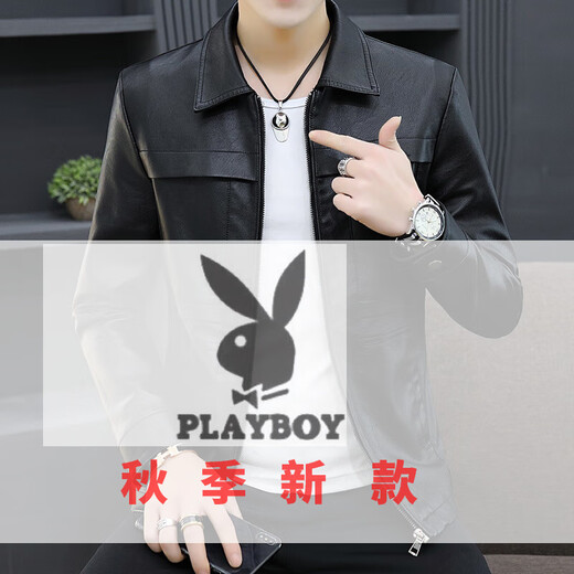 花花公子（PLAYBOY）春秋季新款海宁翻领皮夹克男士韩版修身百搭冬季保暖加绒外套男 9902咖啡 2XL 体重135-150