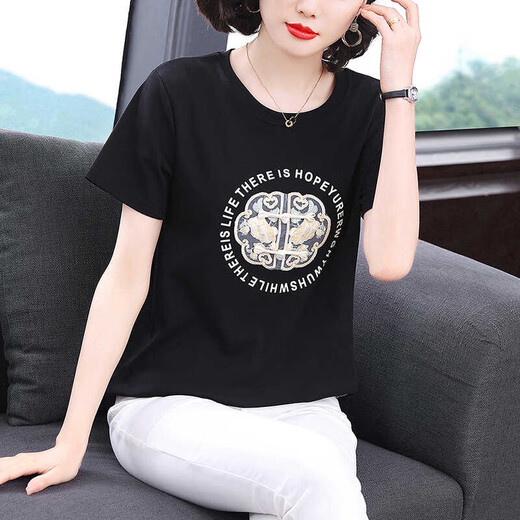 T-shirt à manches courtes de la mère de Zhuo Chen pour le nouveau t-shirt brodé pour l'âge de coton d'été pour les femmes, le t-shirt à la mode âgé de l'âge moyen et à la mode 7373 B bleu M recommandé 90-105jin [Jin est égal à 0,5 kg]