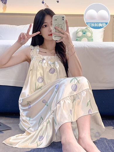 睡裙女夏季自带胸垫冰丝凉感吊带睡衣夏天女士甜美可爱家居服春秋 1355可拆卸胸垫# M 75-100斤