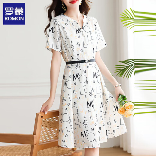 ROMON high-end dress summer 2025 new small person with fashionable temperament waist-hugging and slimming fashionable printed chiffon skirt color 2XL recommended 130-140Jin [Jin equals 0.5 kg]
