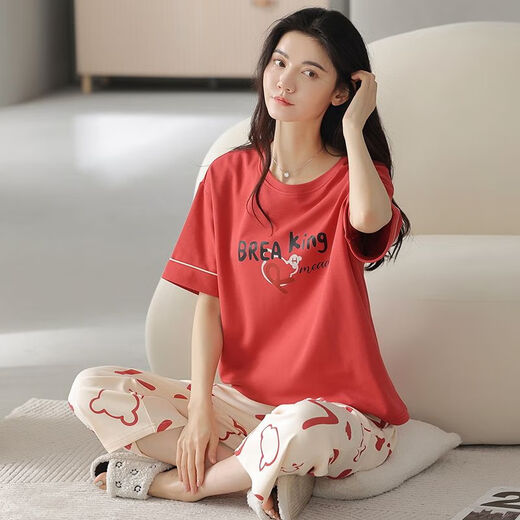 雅鹿睡衣女2025夏季新款短袖宽松型睡衣短裤韩版七分裤休闲家居服套装 N6A9885(套装短裤) M码(85105斤) 均码
