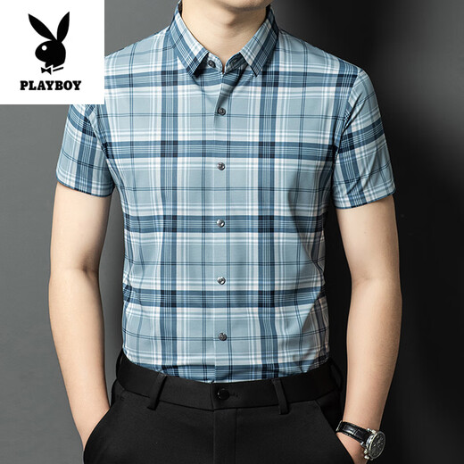 花花公子（PLAYBOY）高档夏季新款桑蚕丝短袖衬衫男士免烫抗皱商务休闲格子半袖衬衣潮 15276黄色 M 165
