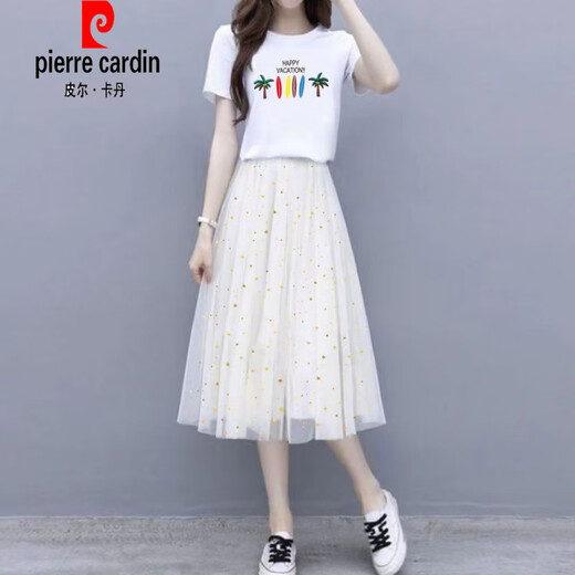 
Pierre cardin mesh skirt women two-piece suit summer new short-sleeved T-shirt women small half-length skirt student dress women Korean 6198# white + black skirt S
