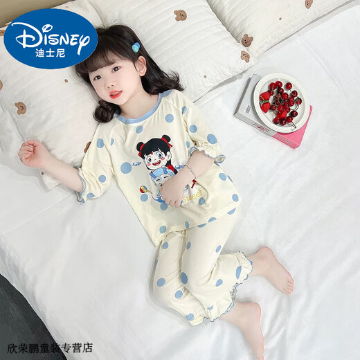 Disney baby girls pajamas new ice silk thin summer children's cartoon 7-quarter sleeve Nezha home clothes baby girl air conditioning clothes off white 110 Recommended 100-110cm2-3 years old cm