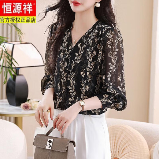 Hengyuanxiang Fashion Loose V-Chiffon Chiffon Chiffon Camiseta para mujeres 2025 Nuevo primavera y otoño Slim y Evergrande principios de primavera y top de otoño Black 3xl 135-145