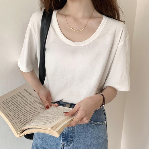 Ran Yilan's same solid color versatile round neck short-sleeved T-shirt for women in summer new loose and slim fashionable casual bottoming cotton shirt 6172 gray S