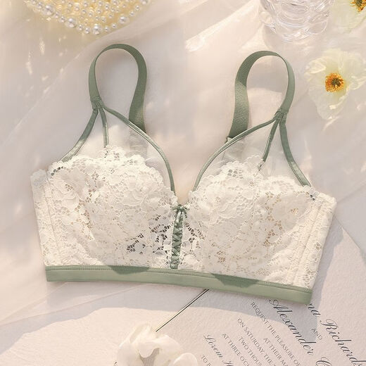 Yalu-Sommerunterwäsche für Frauen mit großen Brüsten, kleinen Brüsten, großer Größe, Brüste, Anti-Sagen, Spitzen-BH ohne Stahlringe, Milch weiß und grün (Set) 75B 34