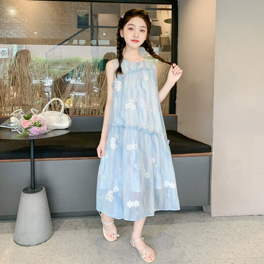 Girls' dress summer thin 2026 new fashionable big children's summer vest dress summer chiffon children's skirt blue 150